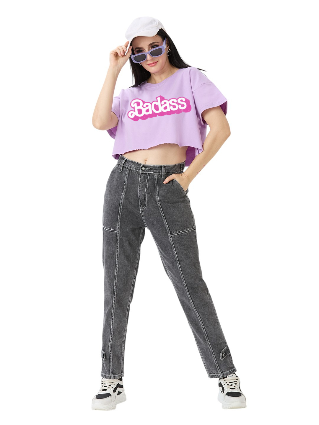 Women's Crop-Top Oversized Puff Printed  "Bad**s" Cotton Premium 220GSM T-Shirt